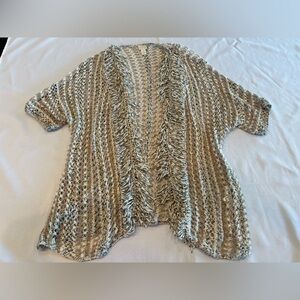Chico's Cream and Brown Chunky Knit Cardigan Short Sleeve Sweater Size 3